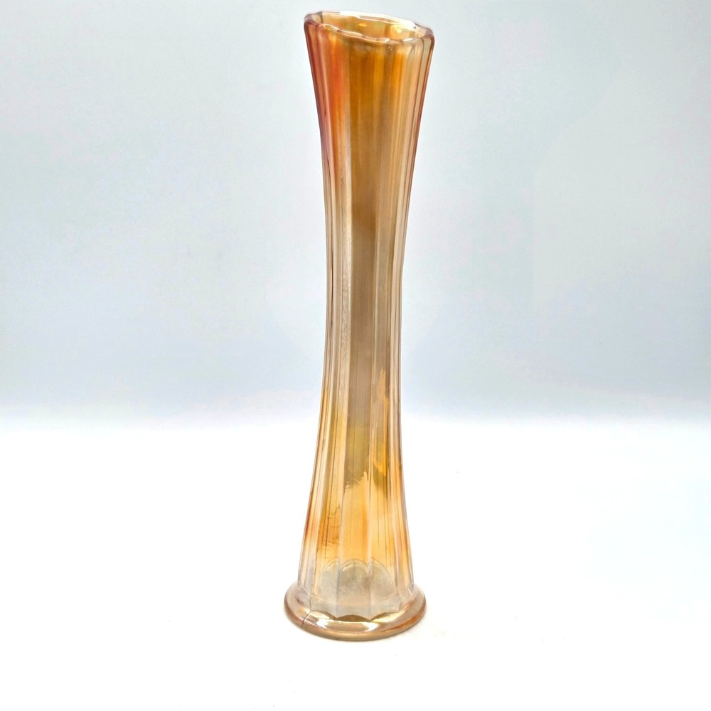 Vintage Amber Marigold Carnival Glass Opalescent Swung Vase‎ 10" Tall